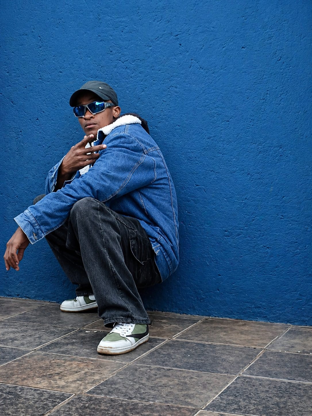 YungSavage QTN crouching against a blue wall in a denim sherpa jacket